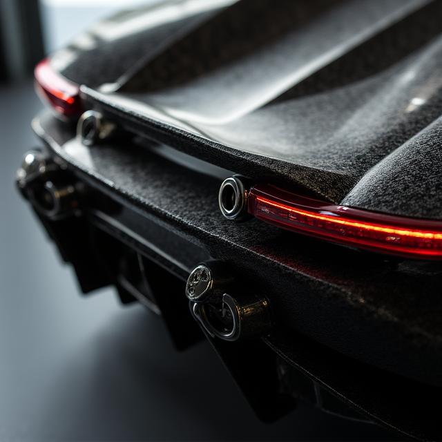 精密に加工されたカーボンファイバー製のリアウィングのディテール