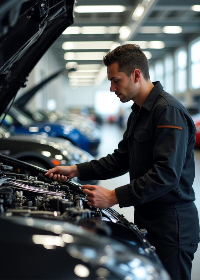 整理整頓された高級なガレージ、メカニックが精密な作業をしている様子