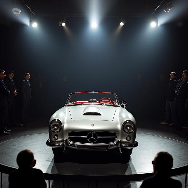 オークション会場で展示される希少なクラシックカー